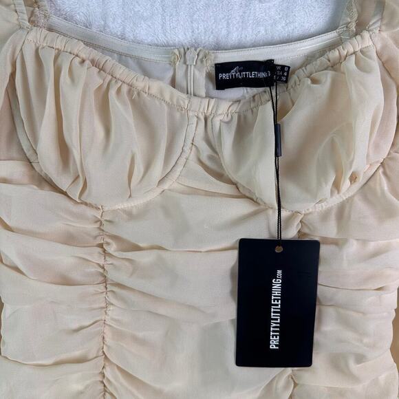 Cream Ruched Long Sleeve Mini Prom Dress Sheer Sleeves Square Neck‎ Bodycon Sz S - Picture 8 of 16